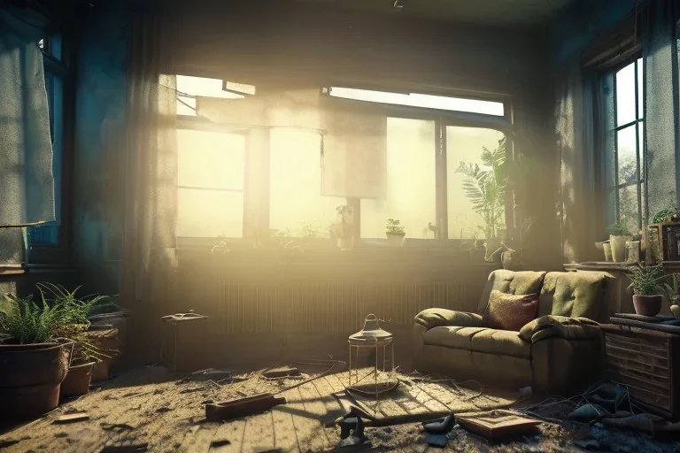 living room,overgrown, sundown, volumetric lighting through window, abadoned,post apocalyptic, rundown, realistic, unity engine, bloom,cinematic lighting,blue tone, octane render.