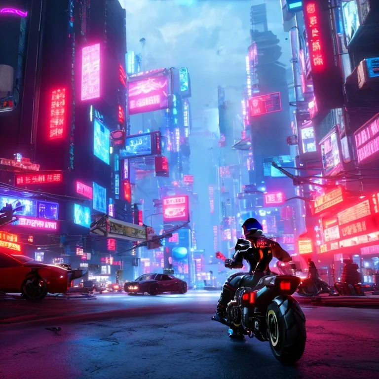 akira motorcycle, cyberpunk, cyberpunk city, anti alising, ray tracing, image with movement, perspective scenary, neon ilumination, epic, cinematic light, lens 100 mm, 16:9, high resolution, 8k