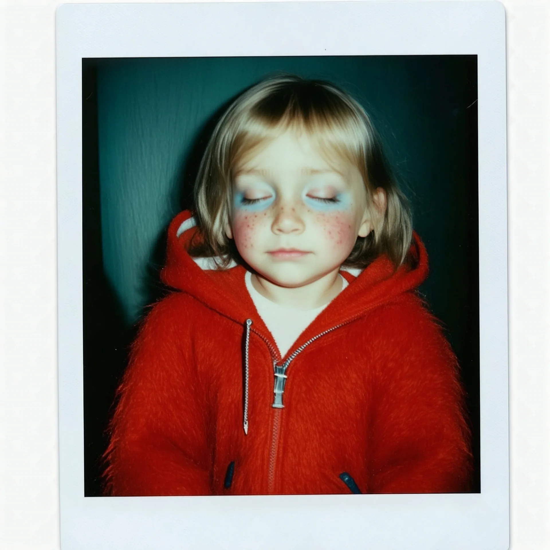 Lily rosedepp enfant,avec un long pull a capuche en angora rouge jusquaux, polaroid, elle a les yeux fermés et les joues bleues, , des grains de beauté, 1880