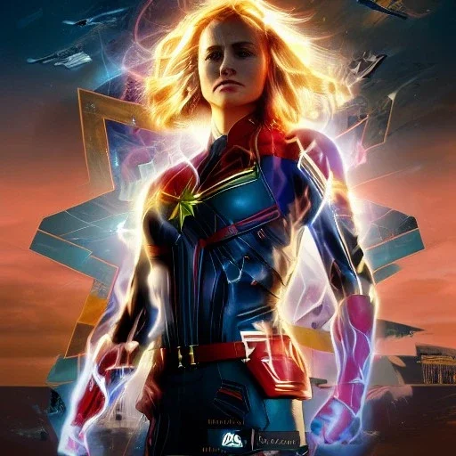 Captain Marvel,flying in the sky, hair on fire, realistic, vibrant colors, Kate beckinsale's face, long hair, gold angel wings, full body, in space, muscular, hyperrealistic, airplane, cyclops, elephant, deathstar, facemask, topless, nuclear explosion, beauty happy face