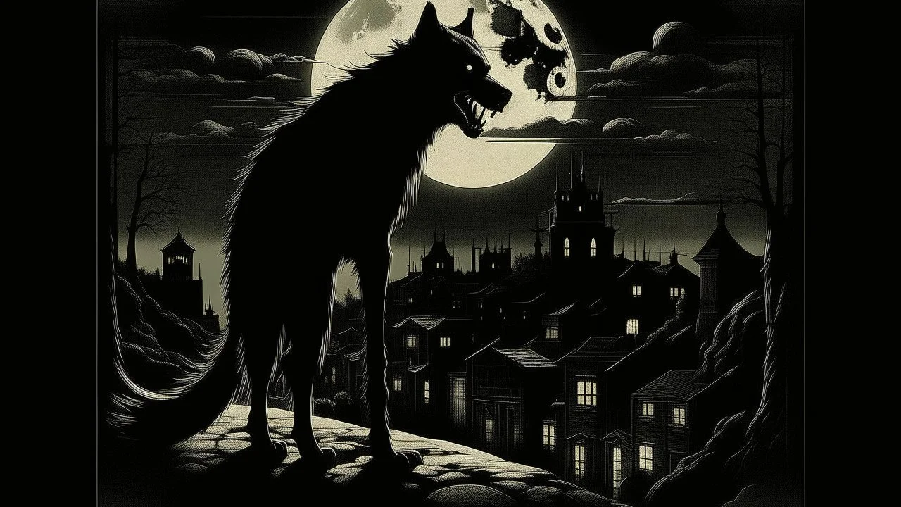 "Vintage Hollywood Horror Elegance: Design a classic film poster in captivating film noir style, featuring a menacing werewolf bathed in moonlight. The eerie glow illuminates a Gothic cityscape backdrop. Deliver a chilling sense of terror and suspense with chilling details, enhancing the old-world mystique of both beast and setting."