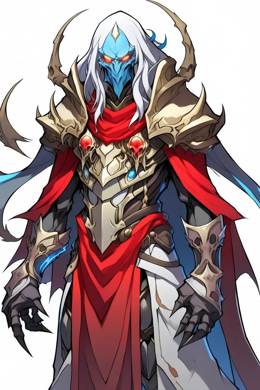 Anime alien villain character with rouge skin, huge , antagonist smart,too much modern armour and wearing a robe cover half of his head , aged thousand years and can Summons legendary monsters