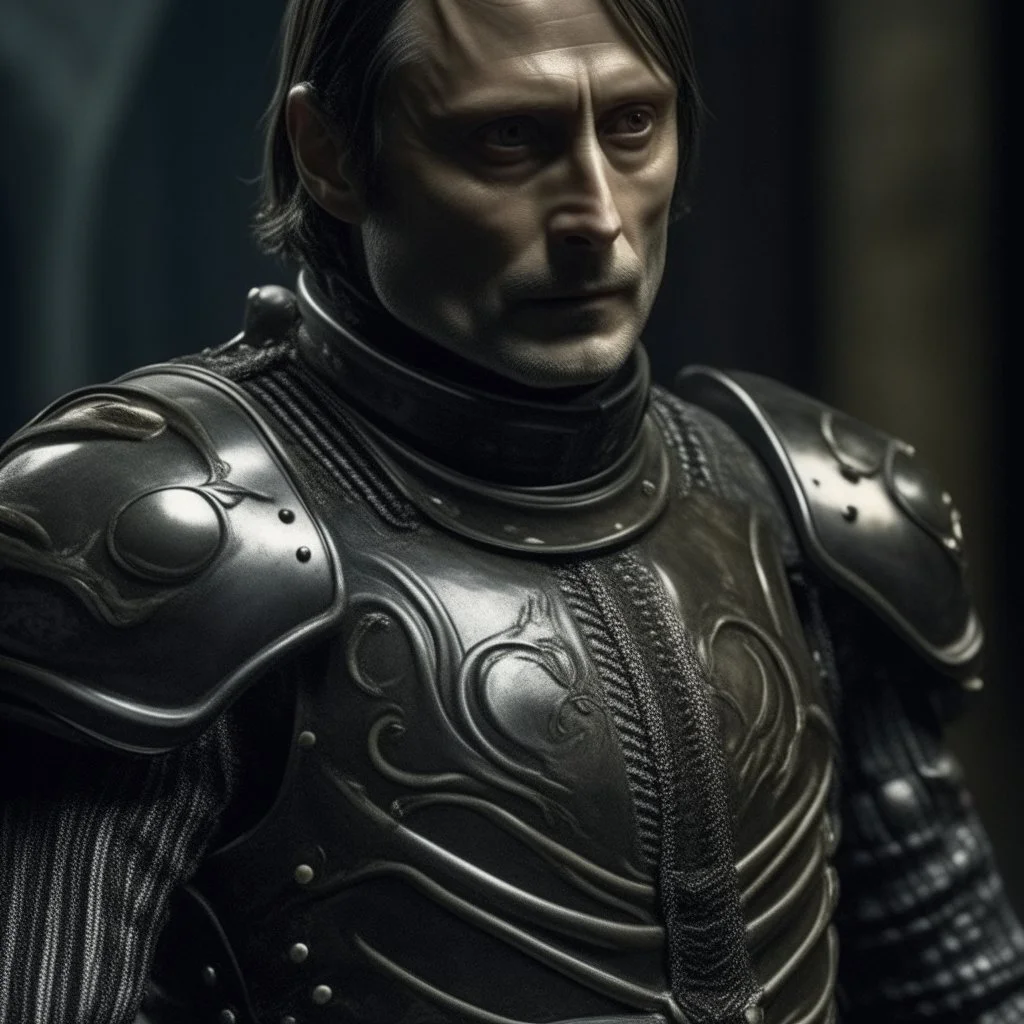mads mikkelsen dresses in knight's armour, head fully in frame, high quality photo