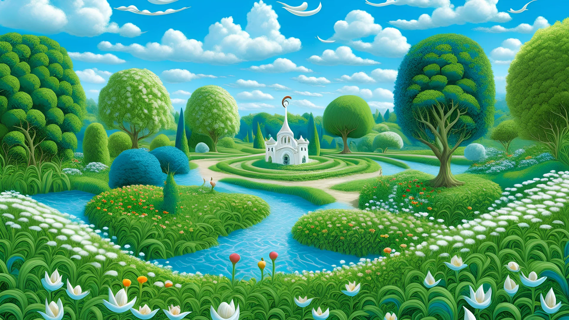 A garden with a labyrinthine layout of hedges and paths, with white swans swimming in ponds. The background features a blue sky with fluffy white clouds and trees in various shades of green. The overall scene has a whimsical, dreamlike quality.