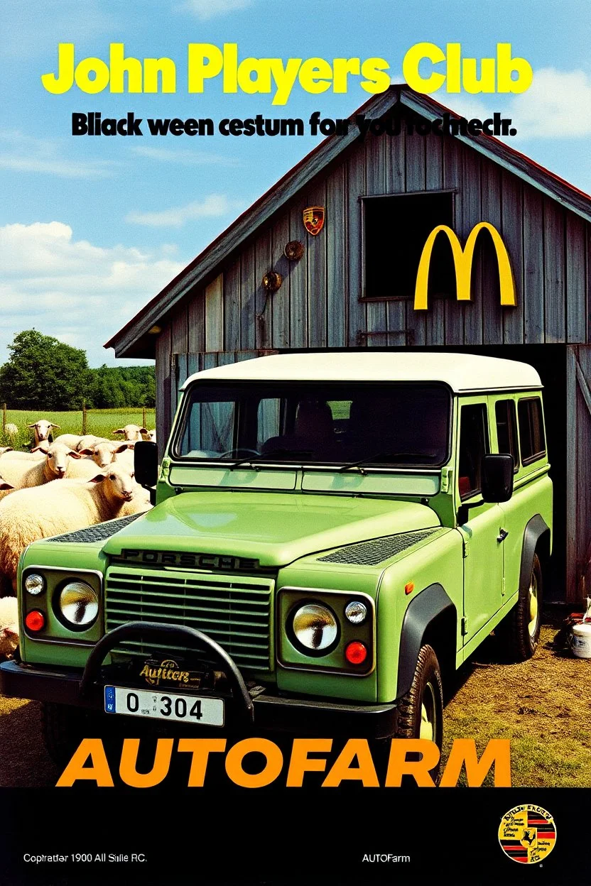 john players club 1980s cigarette advertisement sexy print Porsche autofarm magazine advertisement, vivid colours from the 80s, mcdonalds ad from the 80s, mac computer ad from the 80s, featuring a landrover being fixed at a farm. sheep are all over the place, company name in bold (AUTOFARM), nike print ad style, mac computer ad from the 80s, 1980s rc print advertisement