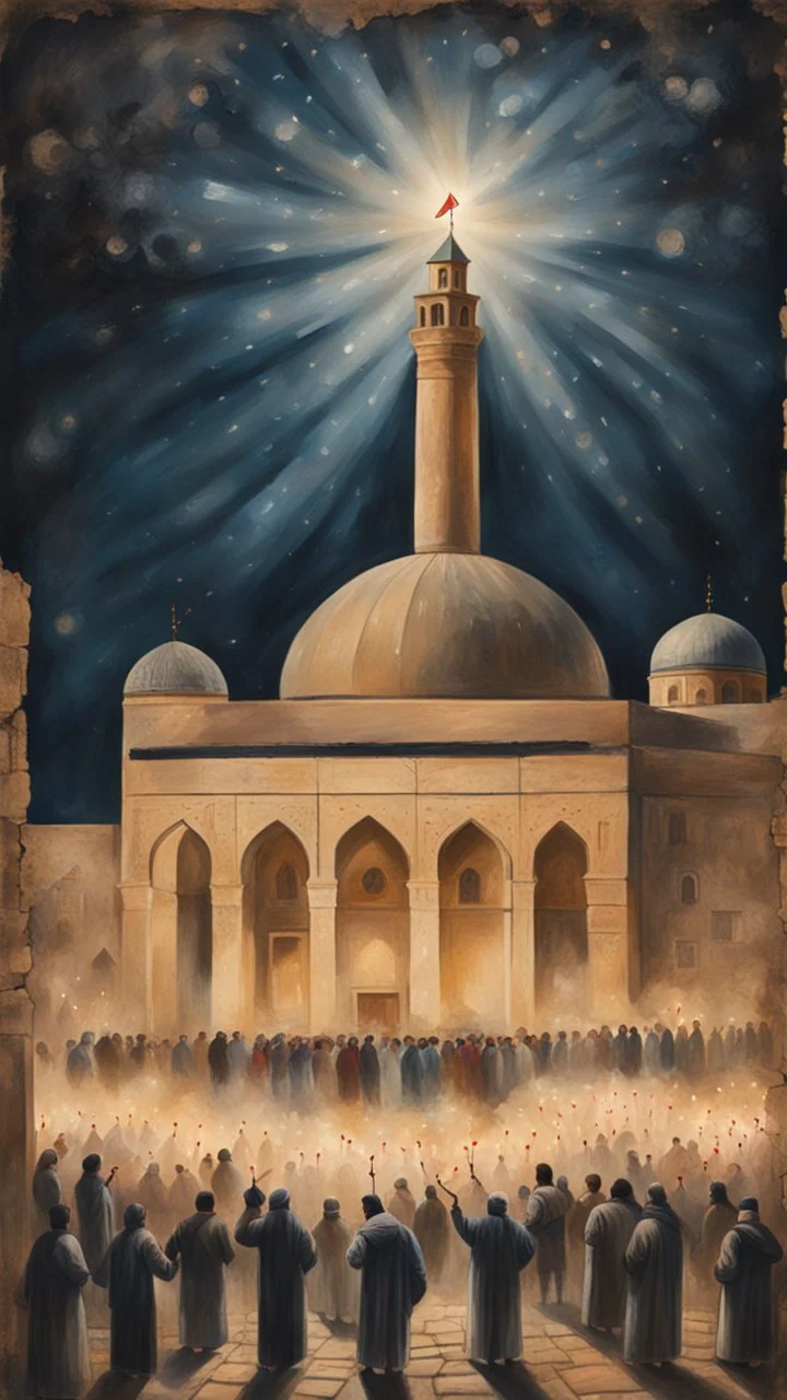 Hyper Realistic Painting of areal view of Palestinian men worshipping outside Al-Aqsa Mosque at night with celebration lights on a vintage rustic grungy paper