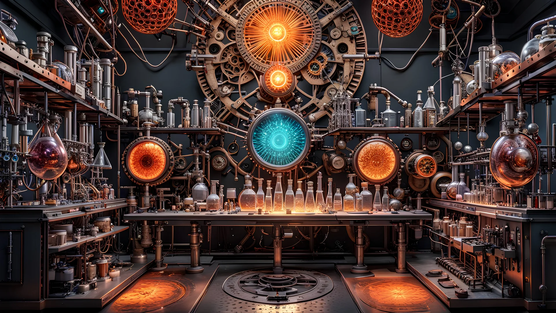 3D rendering of expressively detailed and intricate of a hyperrealistic chemistry laboratory experiment: symmetric, front view, colorful paint, tribalism, steampunk, shamanism, cosmic fractals, dystopian, octane render, volumetric lighting, 8k post-production, detailed metallic objects, dendritic, artstation: award-winning: professional portrait: atmospheric: commanding: fantastical: clarity: 16k: ultra quality: striking: brilliance: stunning colors: amazing, beautiful, stunning composition