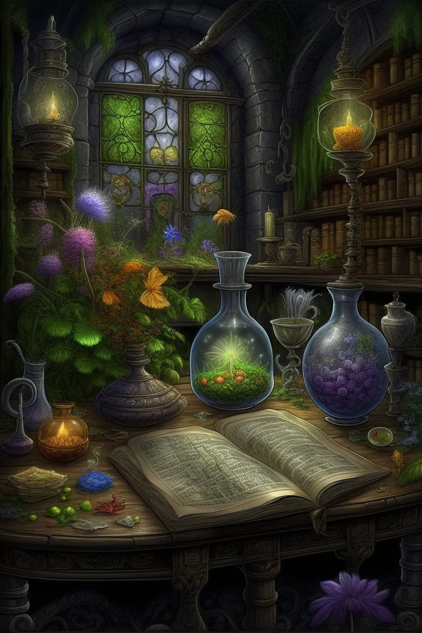 An illustration to an ancient reference book of the dwelling of fairy-tale characters, graphics, text with symbols, an alchemist's laboratory. realistic, scientific, detailed, patterns, cobwebs, decoupage of garden flowers,fabulous,hyperrealism,microdetalization,surreal,drawing,clear outline,color illustration,aesthetics,mystical landscape,dark botanical,dark fantasy,multicolor,detailed,threads,fibers,ambient clarity,volumetric,hyperdetalization,