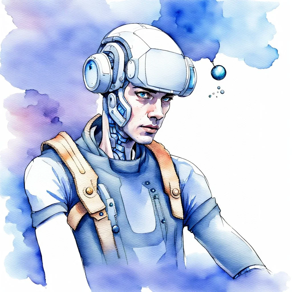 Male cypebpunk character connected to AI exploring other AI - Watercolour and Watercolour Painted Style - Jenny Rainey Style