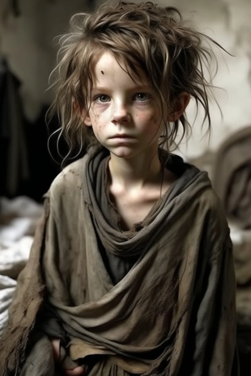 very thin 12 year old girl, dressed in rags, messy haircut, A Cure for Wellness style, full figure