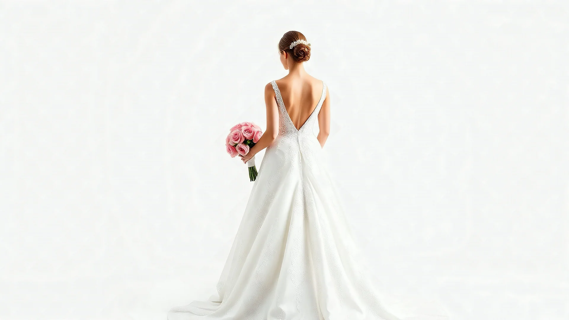 A bride in a wedding dress, full body shot from the back with her face turned to the front with a bouquet of pink roses in her left hand on a white background