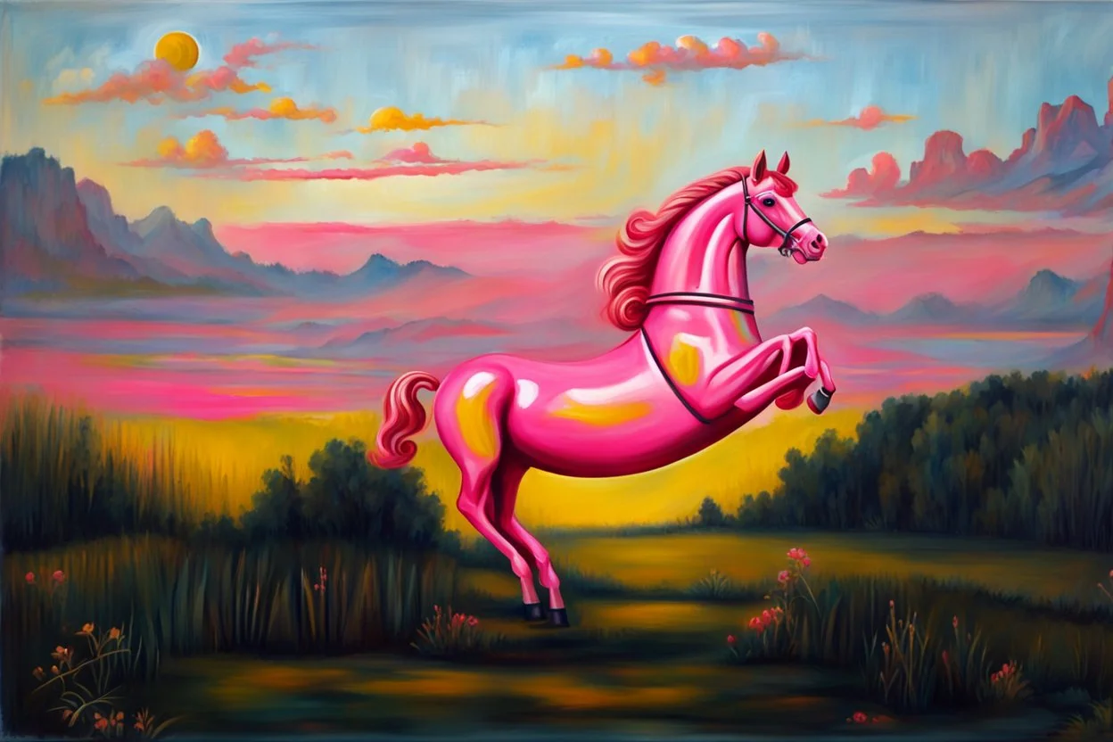 Big pink plastic toy horse.19th painting