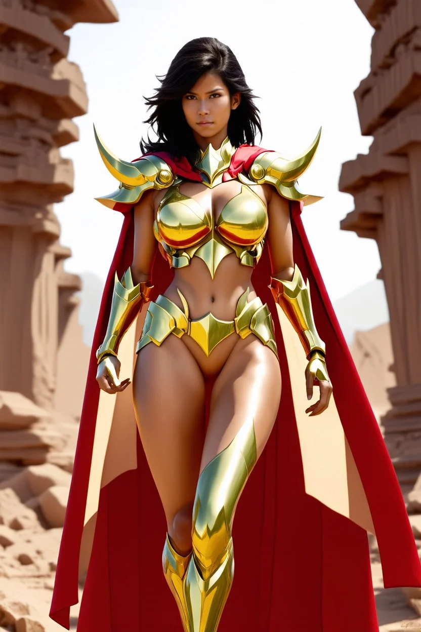 super beaty woman, good body, big bubs, nice body, model style, milf, dress a small golden armour, saint seiya influence, asiatic, cape, rude mode, stay on ansient temple ruins.