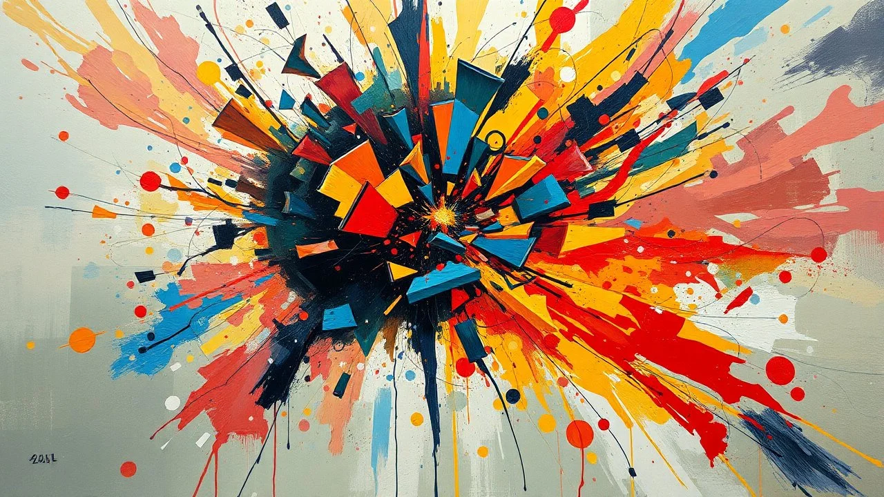 Abstract painting, Head exploding, disintegration into pieces, headache, HD photography, explosion of thoughts