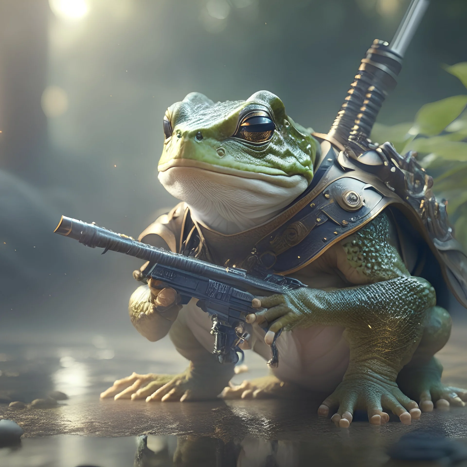 photoreal warrior frog returns with guns in cinematic lighting