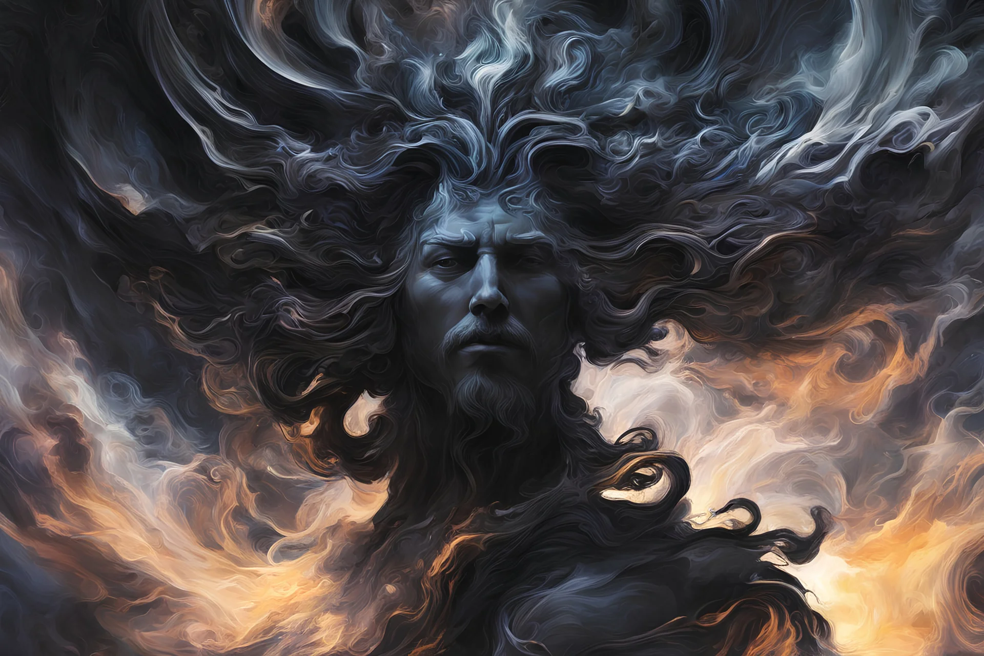 A captivating digital art piece portraying an abstract and mysterious Zeus, using dark hues and fluid shapes to convey the divine presence, (captivating digital art:1.4), (abstract and mysterious Zeus:1.5), (dark hues and fluid shapes:1.3), (expressive and divine ambiance:1.2), influenced by abstract interpretations of classical mythology and the enigmatic nature of the divine, trending on CGSociety, Intricate, Sharp focus, atmospheric lighting, (captivating:1.4), (godly ambiance:1.5)