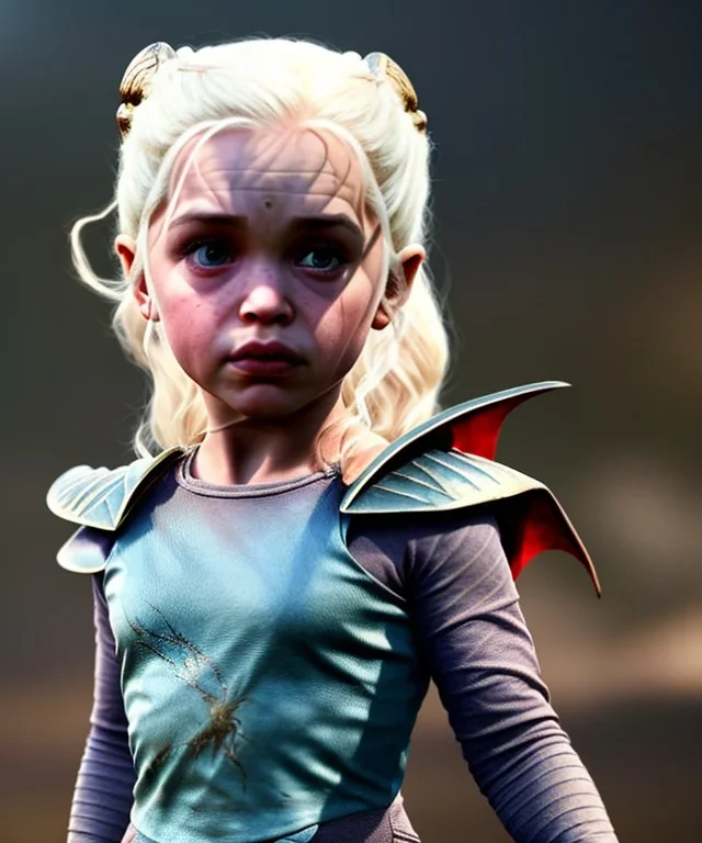 Daenerys Targaryen toddler, full body, dramatic lighting, angry, hyper realistic,