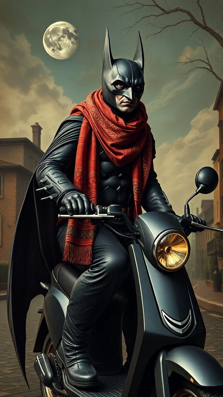 Hieronymus Bosch style , batman wearing a an Arabic scarf on electric scooter 4k