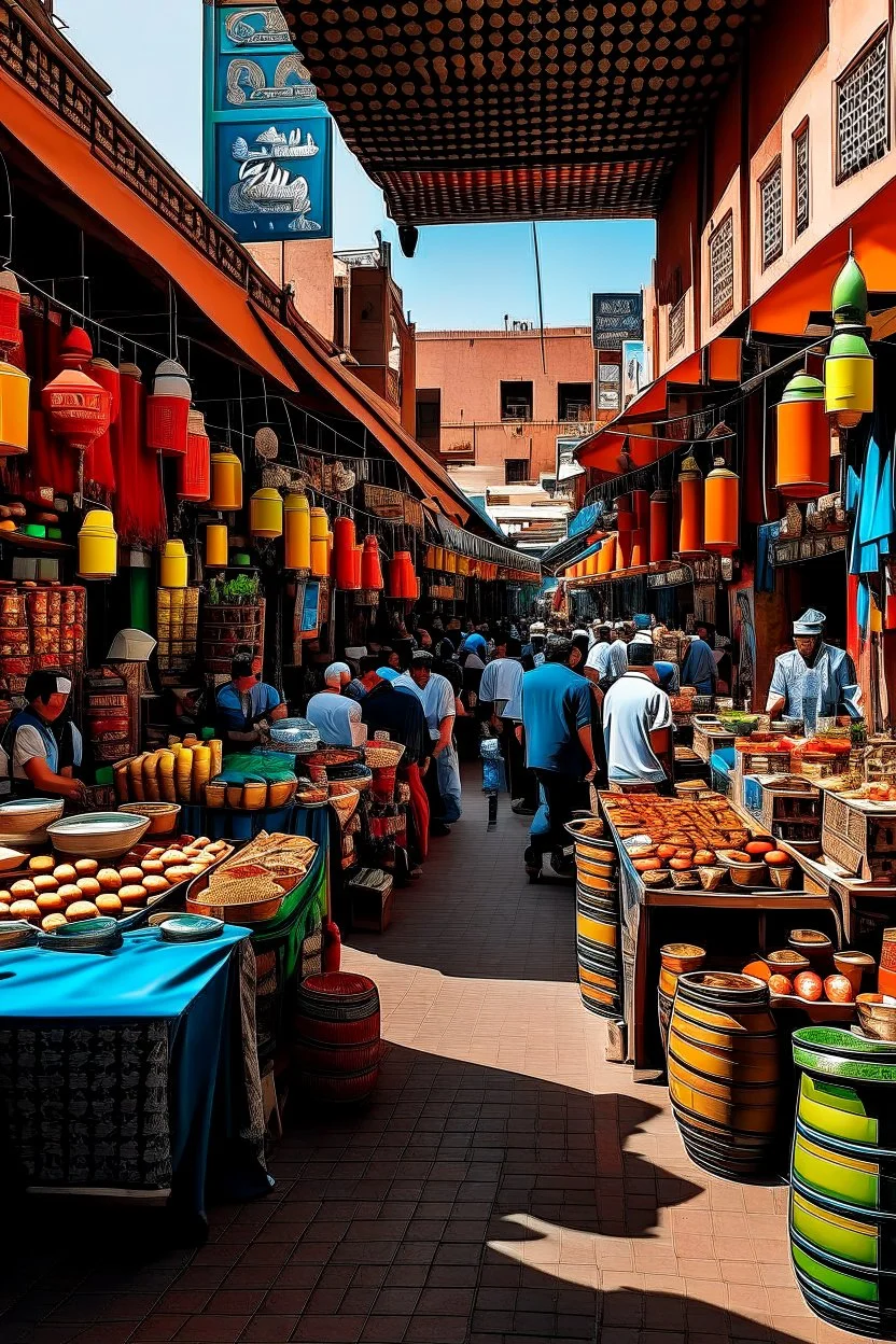 A vibrant, bustling tea market in Morocco, with colorful stalls selling a variety of teas, spices, and traditional teapots, all surrounded by the bustling sounds and smells of the market.