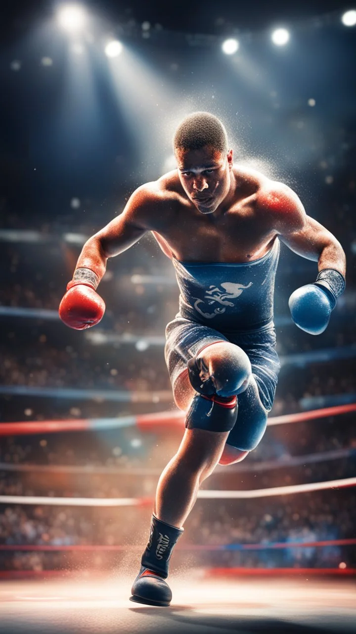 paralympics, knock out in the ring, picking up body, in spotlight, magazine cover illustration with spray paint, signed, bokeh like, down-light, unreal engine, prize winning