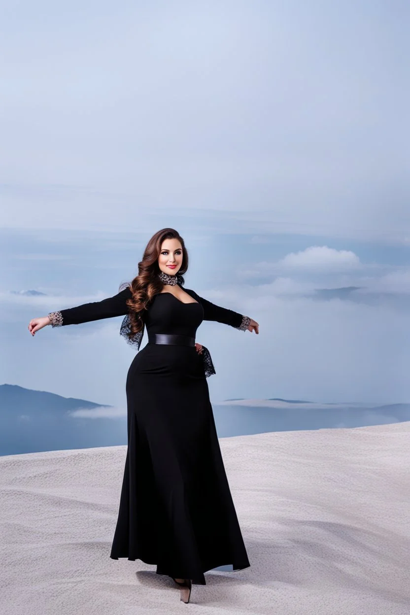 full body of very beautiful lady midi skirt and blouse , curvy hair with small cap and lace scarf ,standing idle happy pose in studio pretty makeup