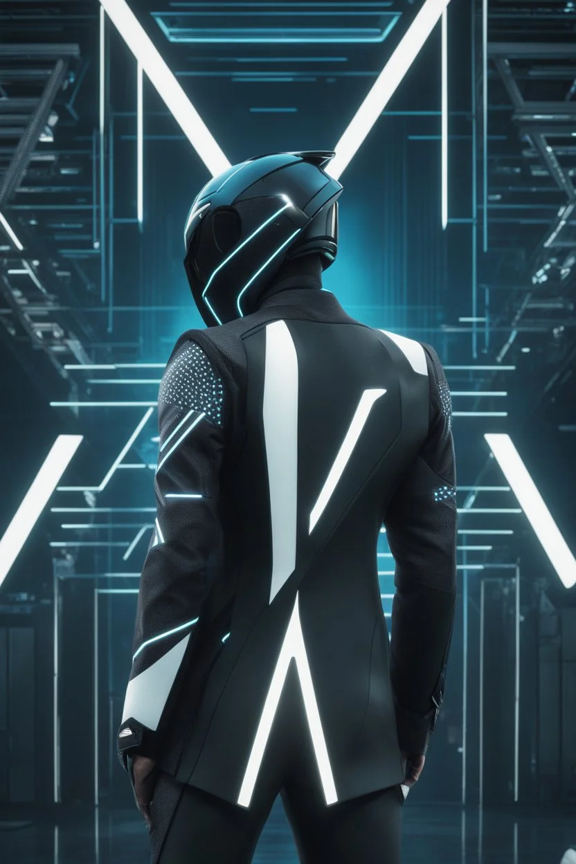 cyberpunk, neon blue, triangle of light floating behind the back, cyber suit, geometric patterns on a suit, male