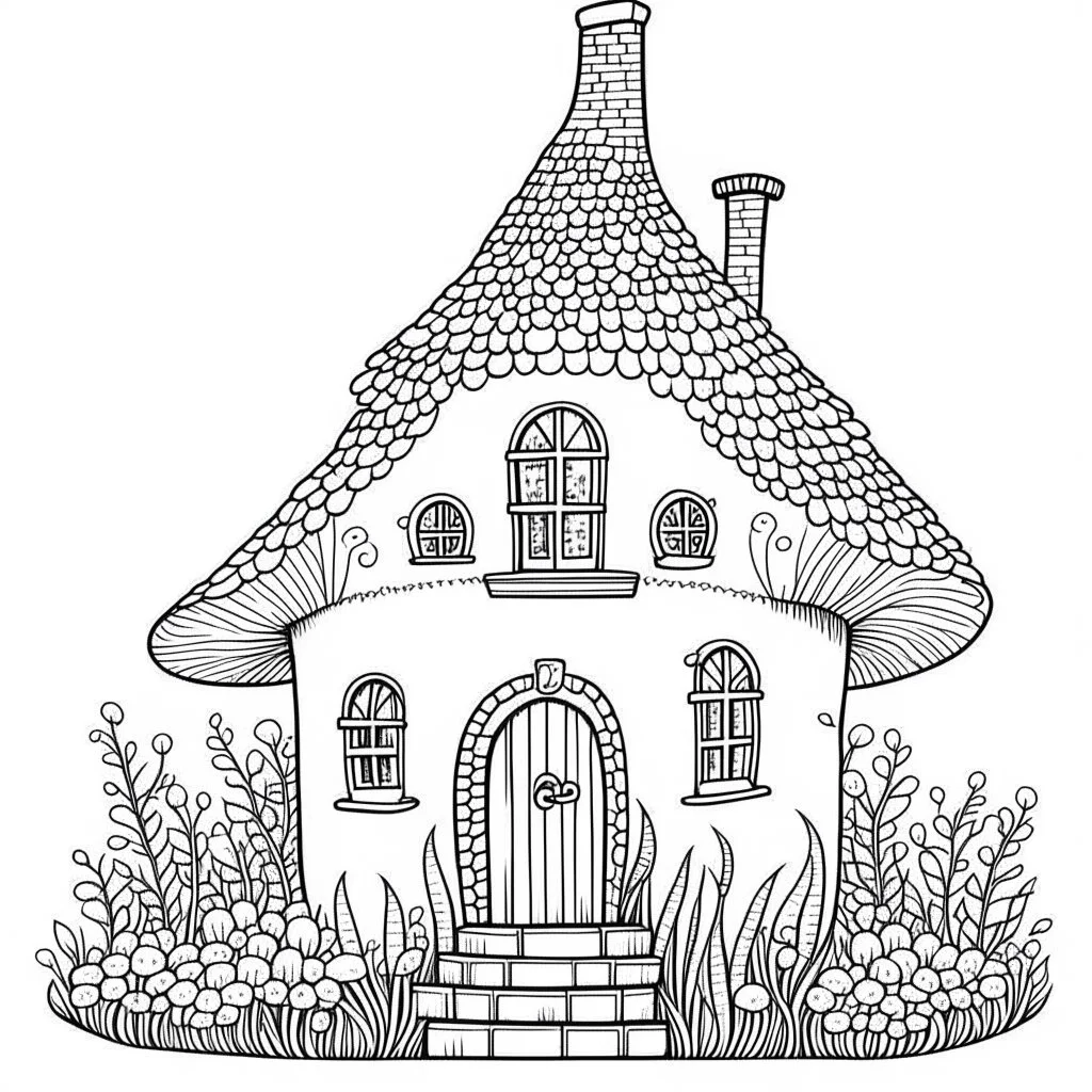 A fairy house Sparkling Dewdrop Cottage, coloring page, exact shape, real image, minimal lines, white back ground color, real style, realistic, minimalistic, minimal black line art, line art, crisp line art, unique coloring sheet, outlined, outline, crisp, crisp line edges, illustration, thin lines, crisp clear lines, line art, clean line art, unique, 8k, no colors, no dark color, no black color, avoid thick black, minimalistic line edges, white back ground,