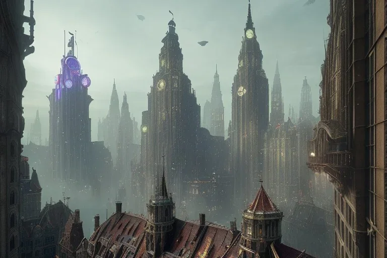 Bruge+Gothic city+ BioShock+Dishonored+Bloodborne +trieste+Edinburgh+Chicago+victorian London+decòpunk Skyscraper+ +steampunk+biopunk+alphonse mucha, greg rutkowski, matte painting, cryengine, hyper detailed, felix kelly, fantasy art, seb mckinnon