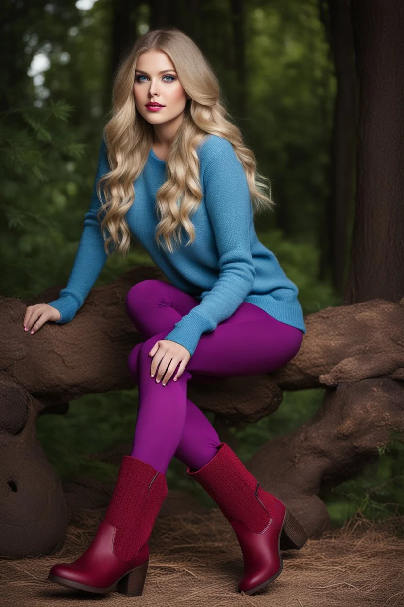 beautiful 18 year old girl with ash blonde hair and blue eyes with her curvy hair down, wearing a long-sleeved woollen top, and lilac long leggings, with long red boots full body shot