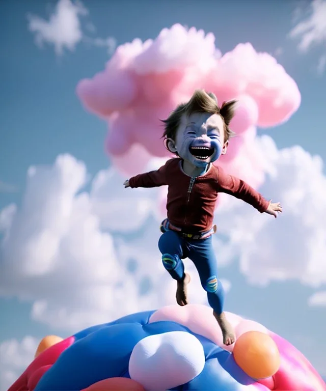 Ultra realistic clouds sky scene, wide angle, medium shot view, portrait, sweet Child, free jumping flying, trinkets, hair monster, jelly beans, balls, smile, happy, Peter Pan style, inflatable color clothing, extreme, wind, clouds sea, 20,000 feet altitude, stratosphere, soft color, highly detailed, unreal engine 5, ray tracing, RTX, lumen lighting, ultra detail, volumetric lighting, 3d, finely drawn, high definition, high resolution.