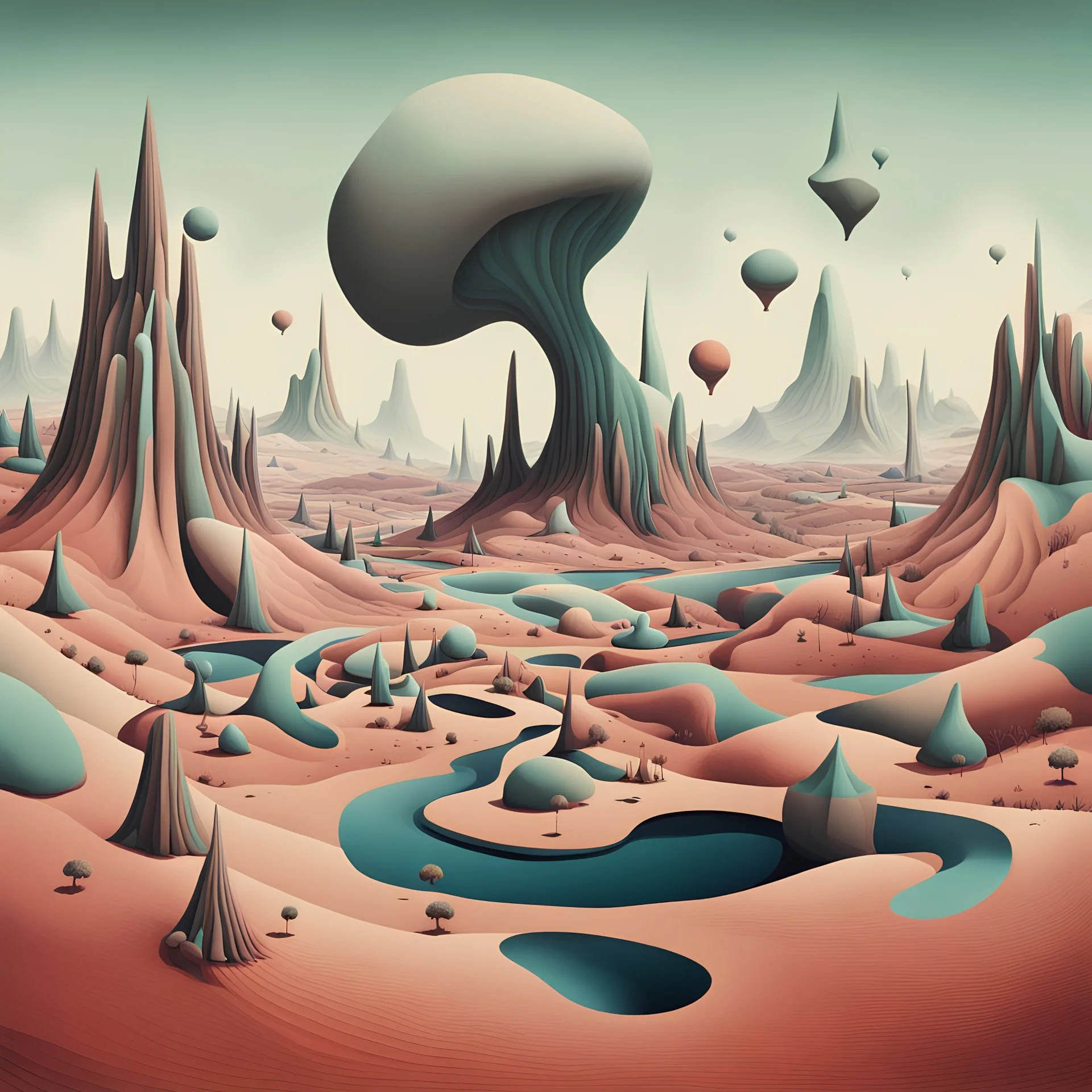 A surreal landscape filled with odd shapes