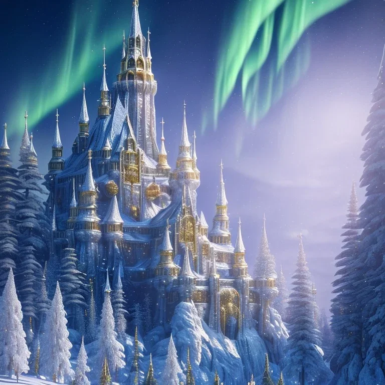 white and gold crystal castle，waterfall, winter snow flakessnow, northern Lights, full of details, smooth, bright sunshine，soft light atmosphere, light effect，vaporwave colorful, concept art, smooth, extremely sharp detail, finely tuned detail, ultra high definition, 8 k, unreal engine 5, ultra sharp focus