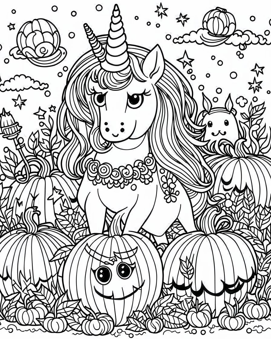 A unicorn with pumpkins and ghosts, kawaii style, fine lines, black and white, coloring page for adults