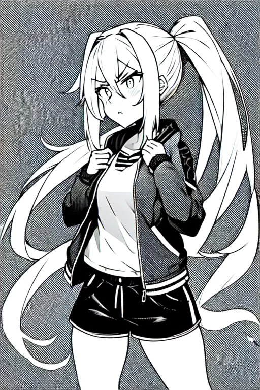 blonde girl with ponytails dressed in a jacket and shorts walks angry, greyscale