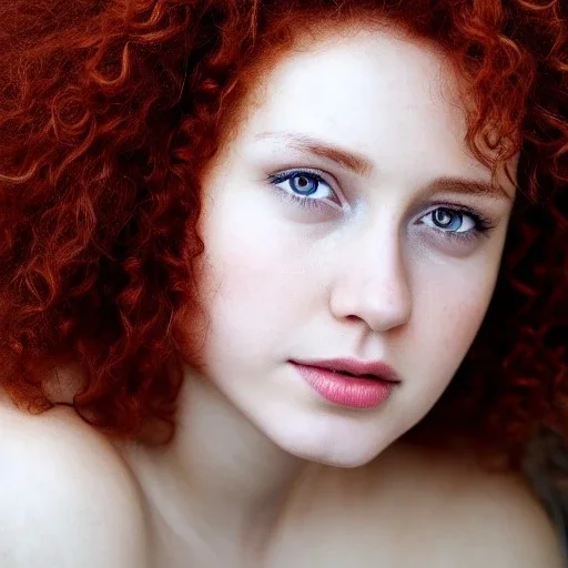 Woman with red curly hair and brown eyes