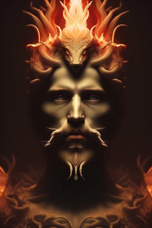 portrait photography of an ethereal beautiful animal god, Fire theme art, Dark moody night atmosphere, Portrait of a man by Michelangelo, 8K, close-up face, anatomically perfect face, oak tree roots, ignore NSFW