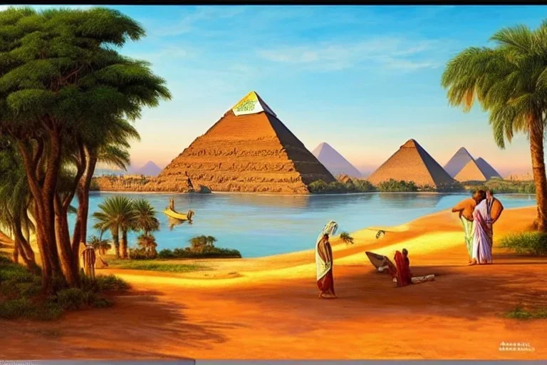 An ancient Egypt city at the Nile, pyramids in the background, Egyptian temples, lush vegetation, by matthieu lauffray, sunrise, stunning environment, perfect composition, oil on canvas, super highly detailed, wide-angle, diffused lighting, 8 k Uhd, god rays