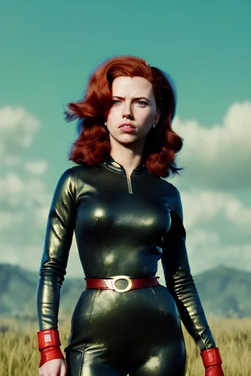 retro portrait image from 1960, sky background, wind, long red hair, fighting stance, sweet young Scarlett Johansson, black dress, classic tight lycra black suit, weapon, gold bracelet and belt, high heel boots, soft color, highly detailed, unreal engine 5, ray tracing, RTX, lumen lighting, ultra detail, volumetric lighting, 3d, finely drawn, high definition, high resolution.