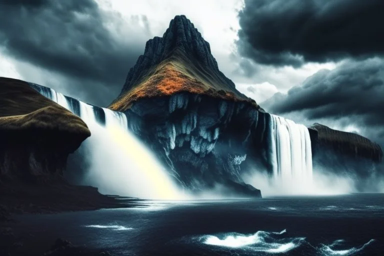 Cloudy dark sky, epic waterfall landscape