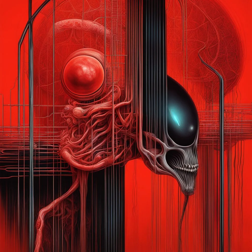 Neon hallucinary nyctophobic alien anatomy, abstract surreal horror, by H.R. Giger and Arthur Secunda and Anton Semenov, acid wash mind-bending illustration, dark shine burn, anatomical schematic cutaway guided by N(t)=N0​⋅e−kt, imagery of Zdzislaw Beksinski