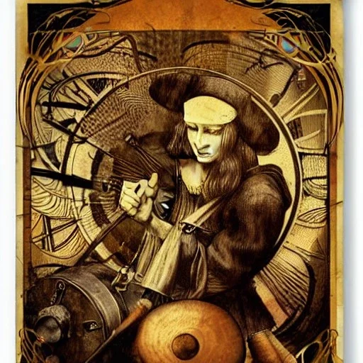 leonardo da vinci, crazy, playing drums, steampunk, art nouveau, art renaissance