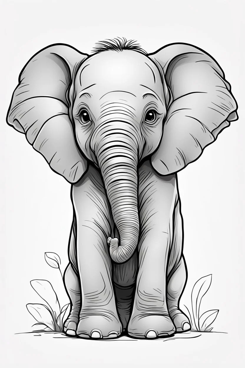 create a outlined cartoon coloring page of a baby elephant . Pay attention to the details of the faces and White background, sketch style, half of body, use outline, clean line art, no shadows, no coloring, no shading, no grey.