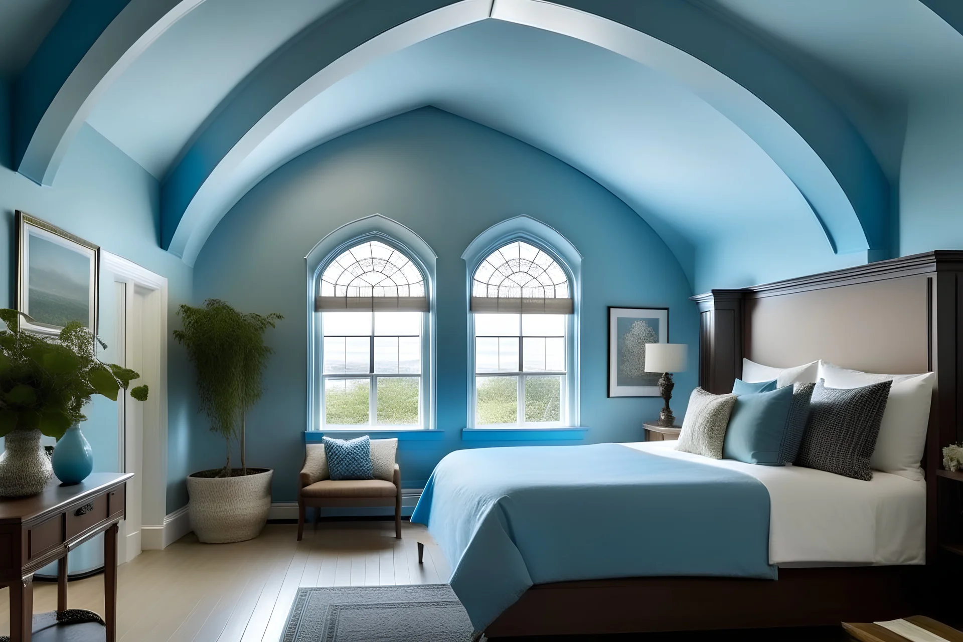 arched ceiling blue bedroom