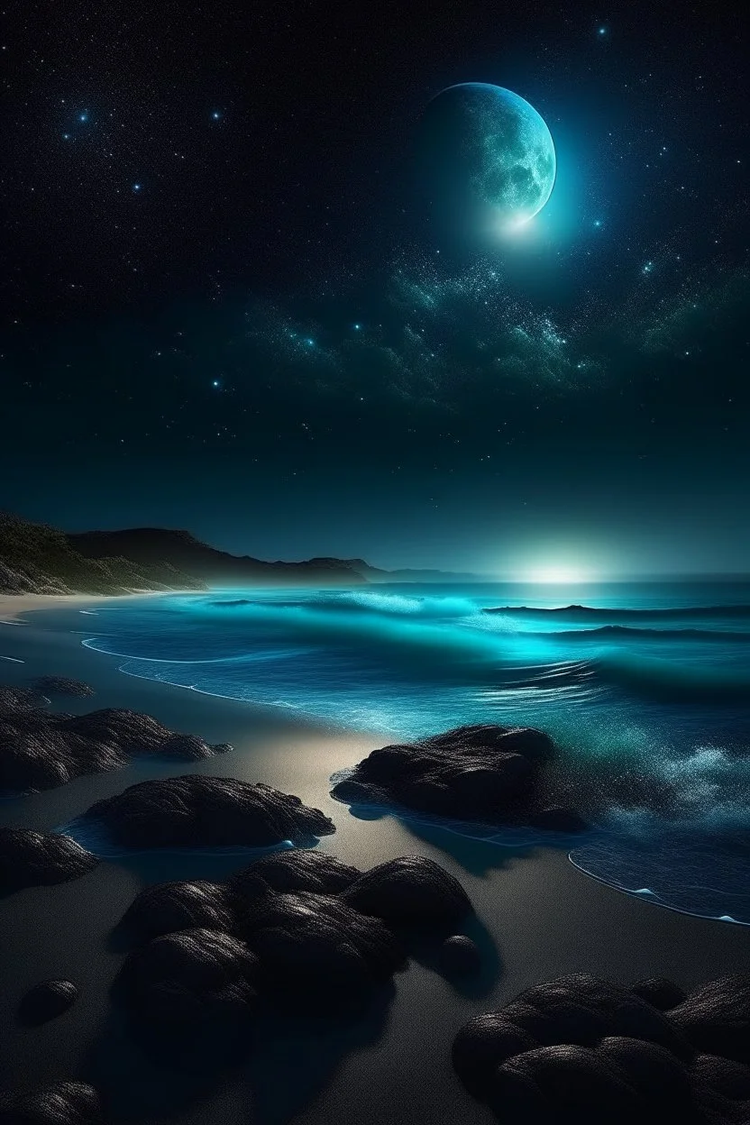 magic sea, realistic, professional photo, 4k, top view, , surf night, full moon, stars in the sky, Milky Way