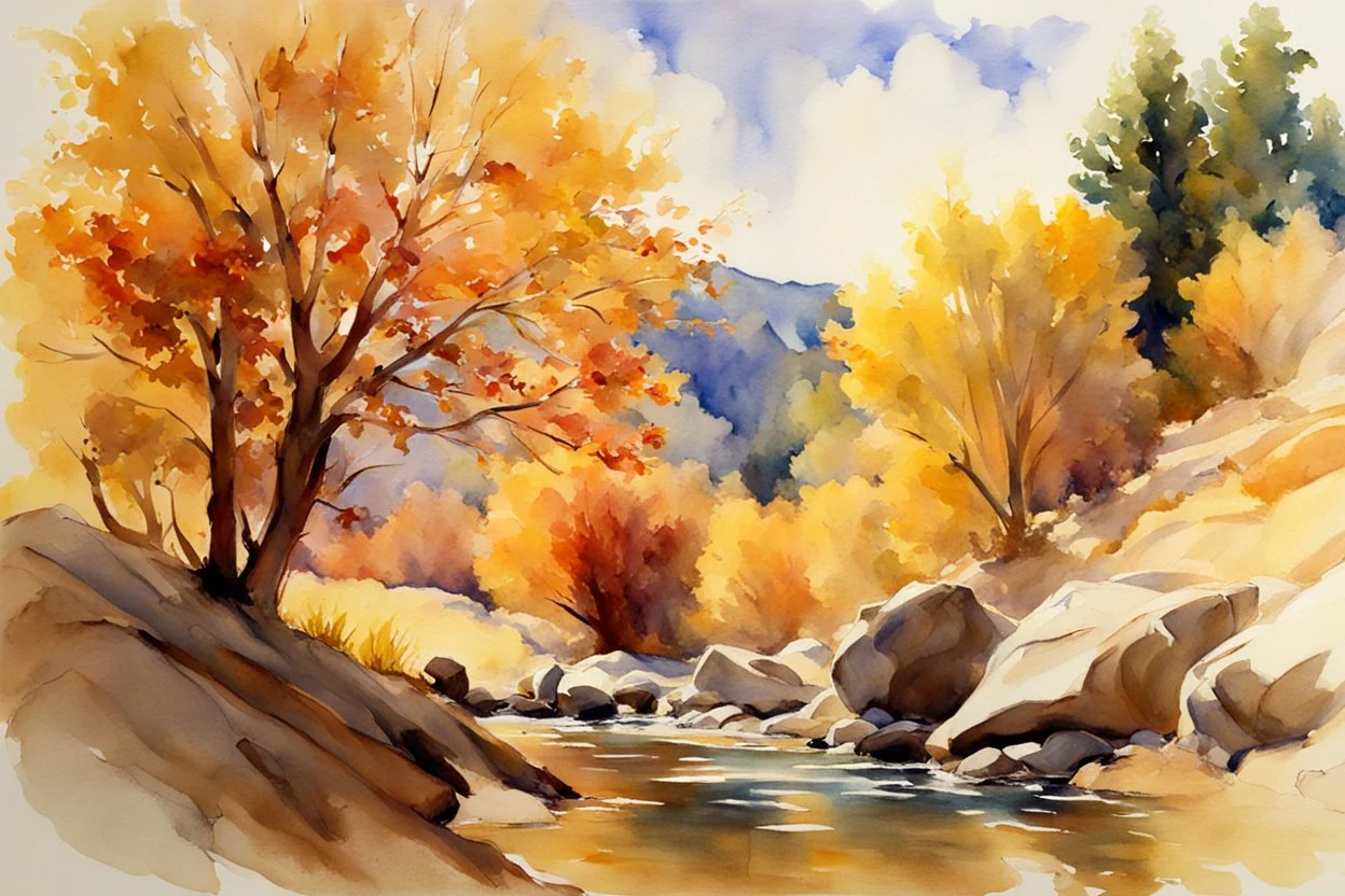 Sunny day, autumn trees, rocks, fantasy, mountains, epic, john singer sargent watercolor paintings