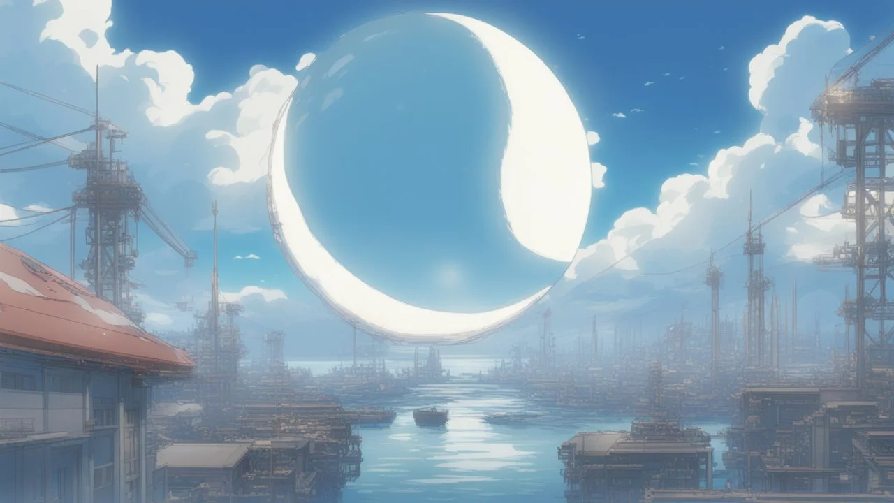 giant half transparent moon, glitchy, blurry, mechanical, sci-fi, maximum quality, centered on frame, far view, seasidel, white sky with cumulonimbus, anime, makoto shinkai style, japanese harbor