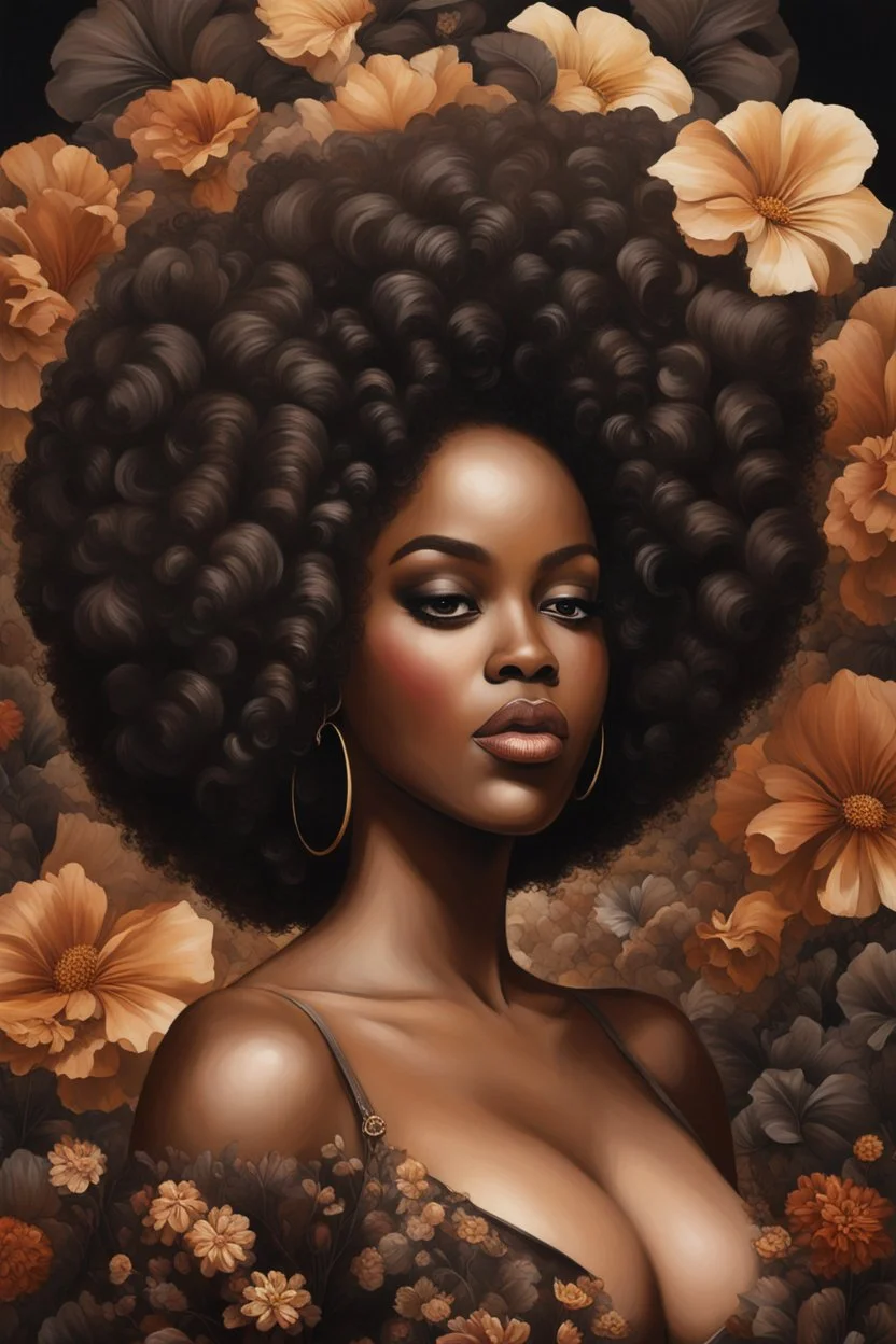 Create an oil painting image of a curvy black female wearing a brown off the shoudler blouse and she is looking down with Prominent makeup. Highly detailed tightly curly black afro. Background of large brown and black flowers surrounding her