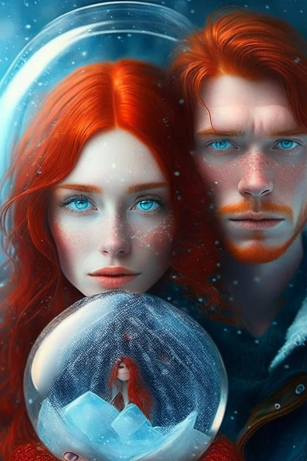 a beautiful girl with red hair ready for winter and a man with short brown messy hair and piercing blue eyes stuck in a crystal clear globe