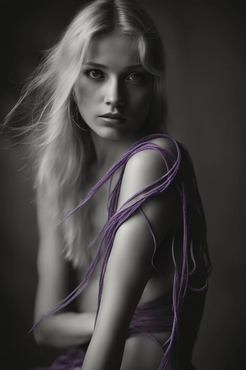 Fine art photography. Artistic photo of a young blond Polish wearing only violet strings woman taken with a Mamiya M645 camera with a portrait lens on classic Ilford medium-format film, contrast light, high-key