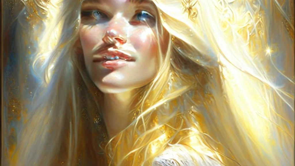 In Casey Baugh's evocative style, art of a beautiful young smiling blonde girl with long brown hair, futuristic, scifi, intricate, elegant, highly detailed, majestic, Baugh's brushwork infuses the painting with a unique combination of realism and abstraction, greg rutkowski, surreal gold filigree, broken glass, (masterpiece, sidelighting, finely detailed beautiful eyes: 1.2), hdr, realistic painting,